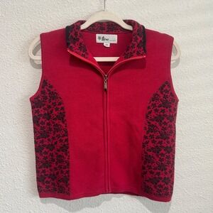 VTG Neve Designs Red Black Floral Knit High Neck Zip Up Vest New Wool Ski Winter